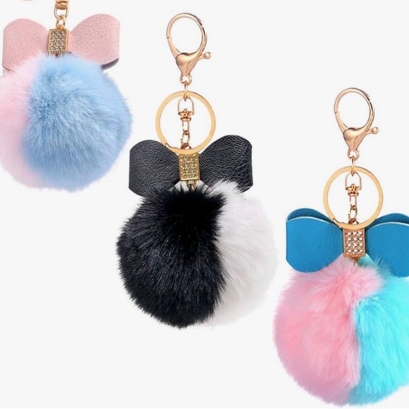 Accessories - Black White Faux Fur Pom Pom Keychain Crystal Bow